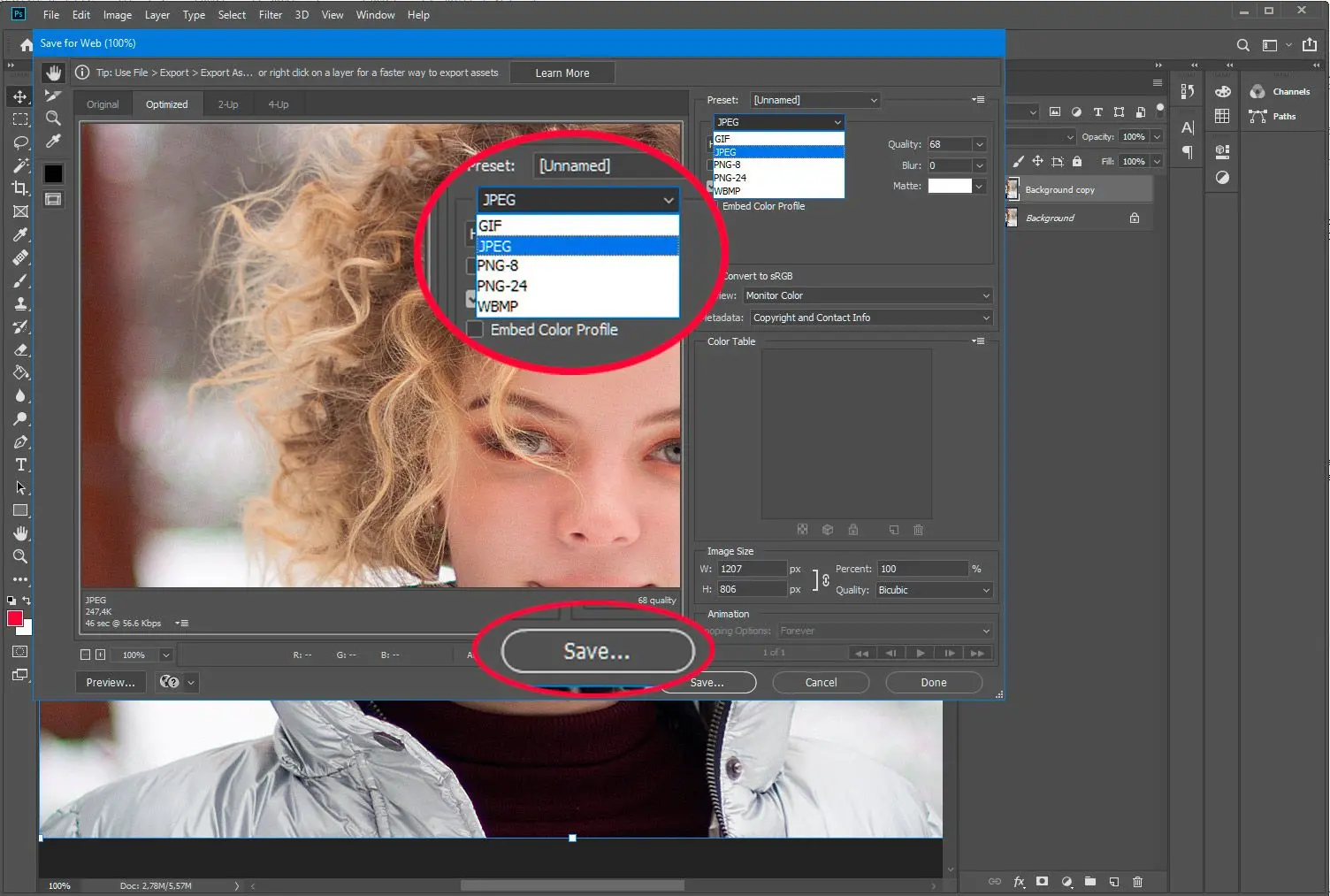 Adobe Photoshop. Gem PSD til web i jpg..