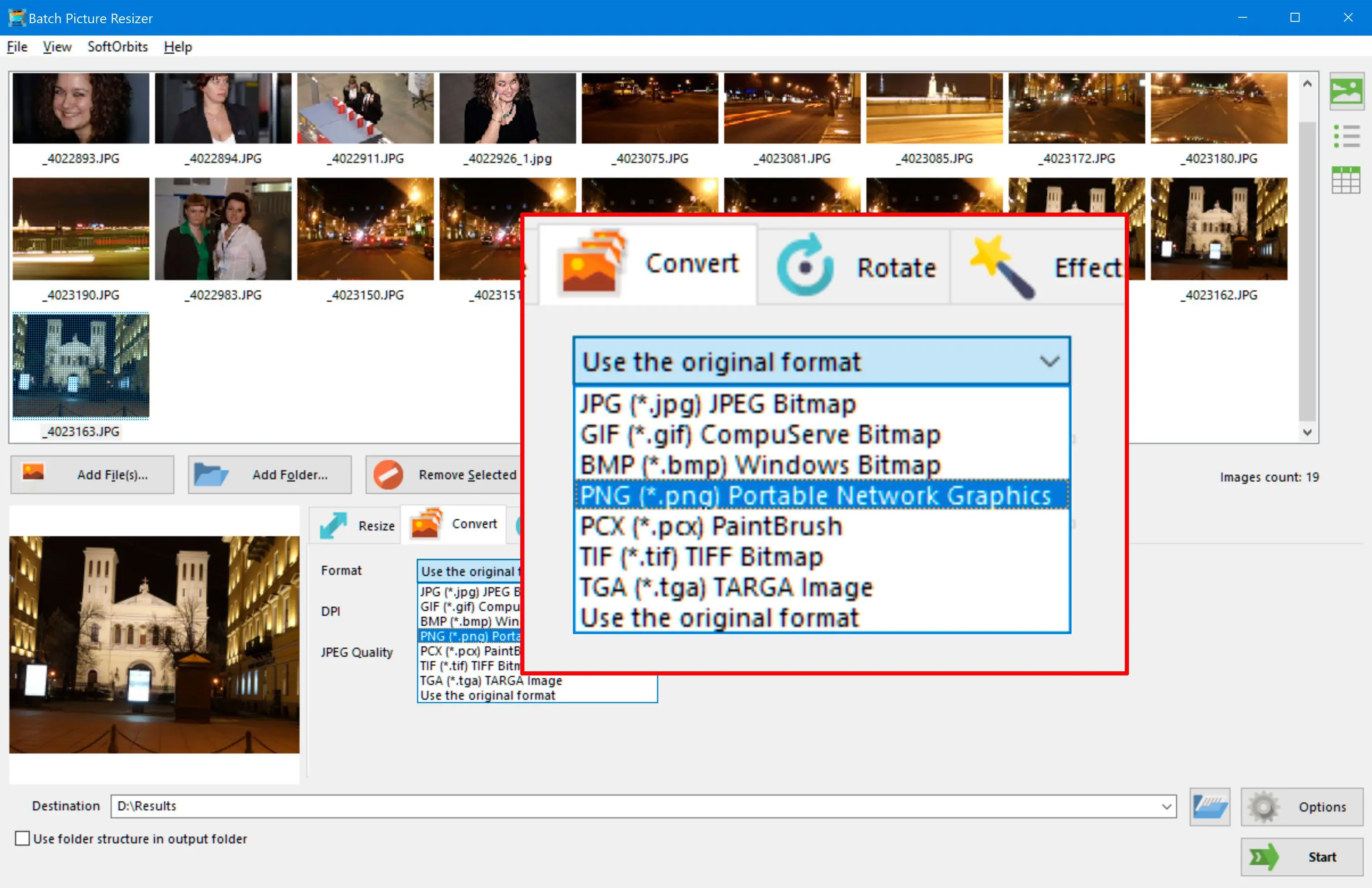 Vælg formatet og konverter en WebP-fil til PNG ved hjælp af WebP til PNG Konverter..
