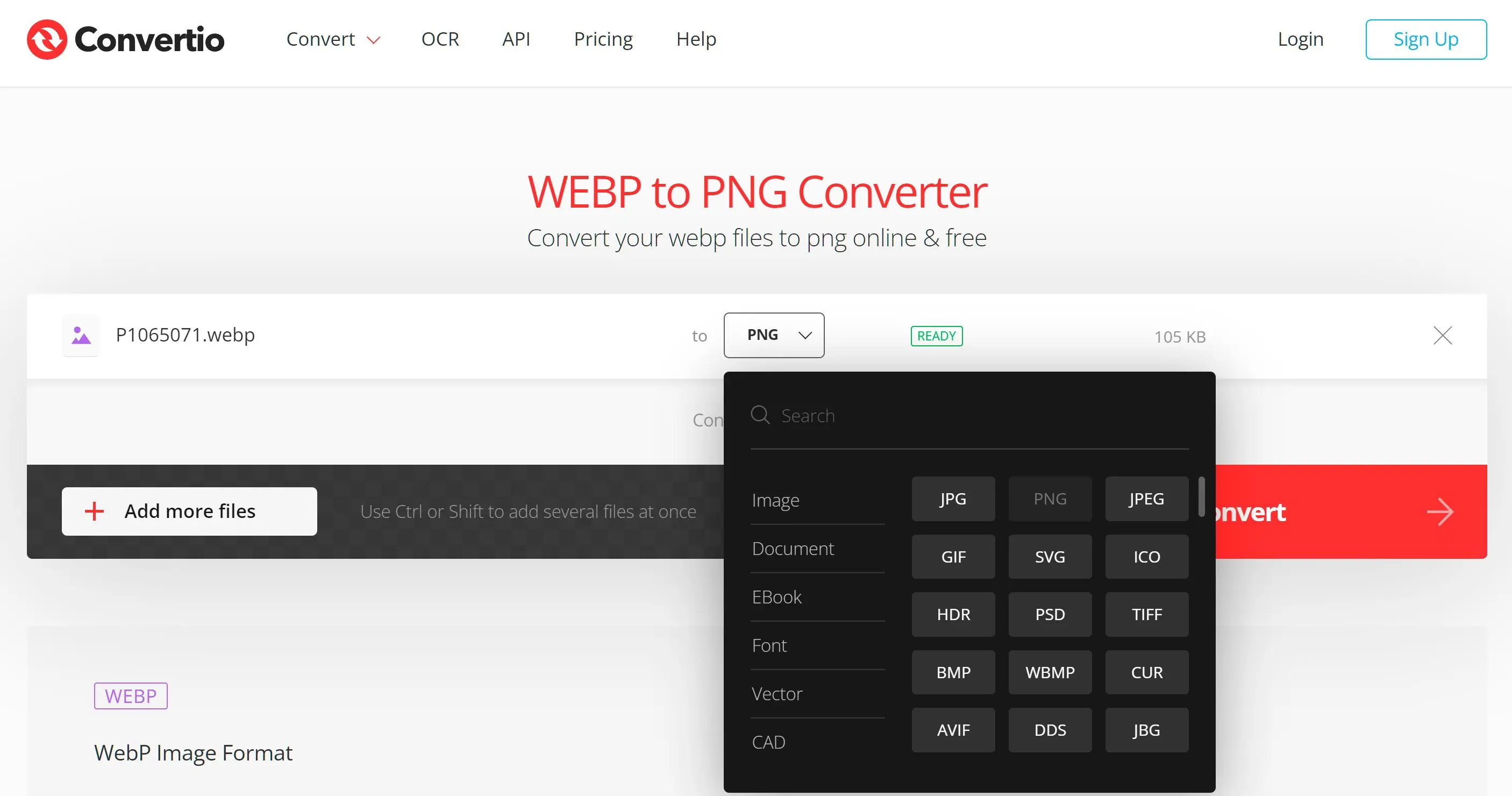 Vælg PNG-formatet for konvertering fra WebP Online..