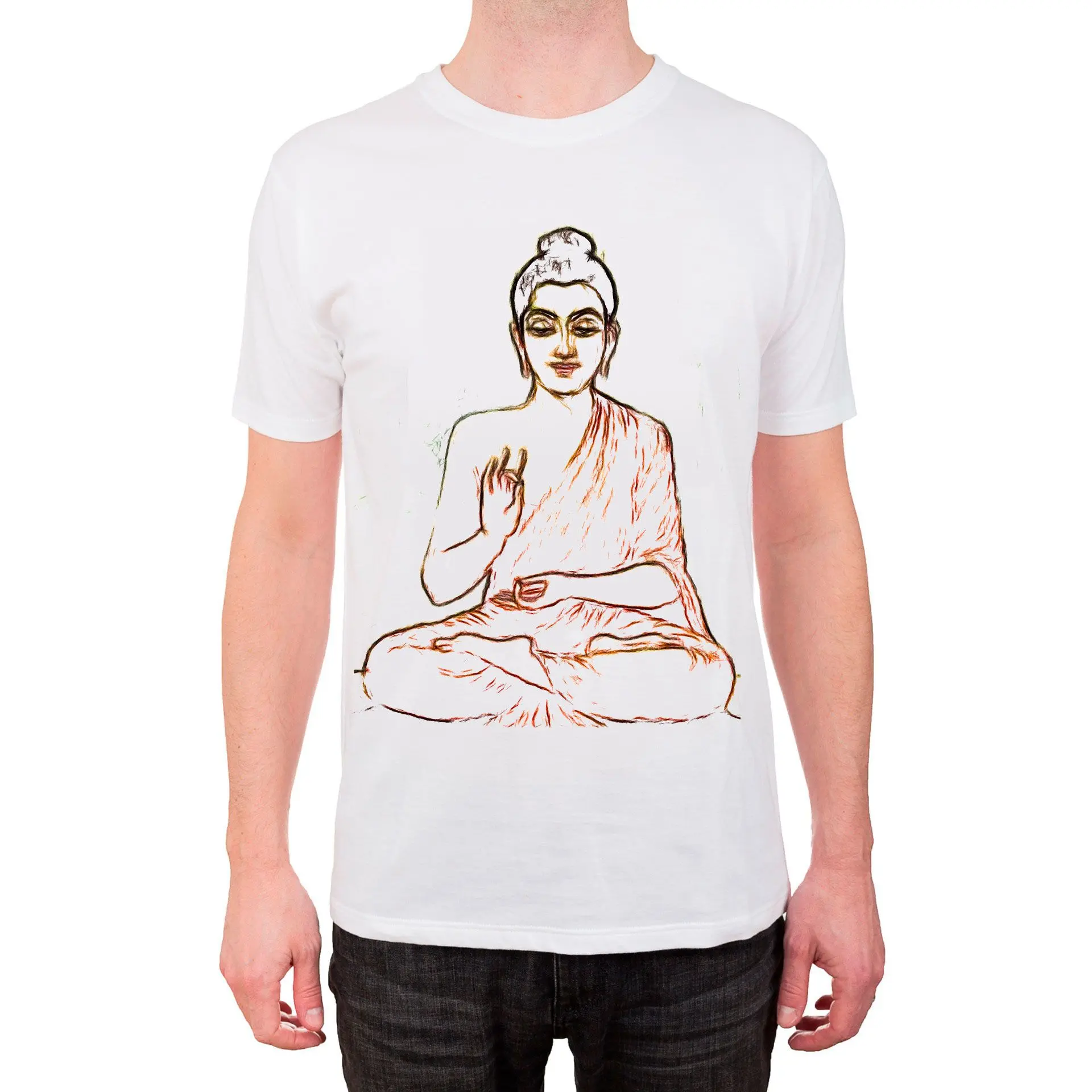 T-shirt med stregtegningsskitse af buddha..