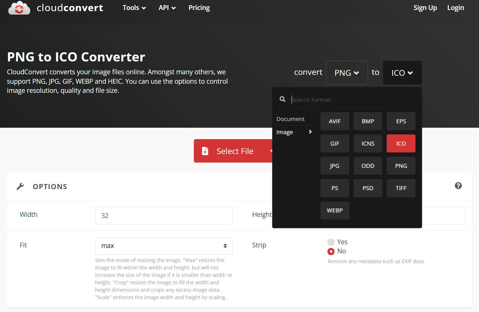 CloudConvert: png til ikon..