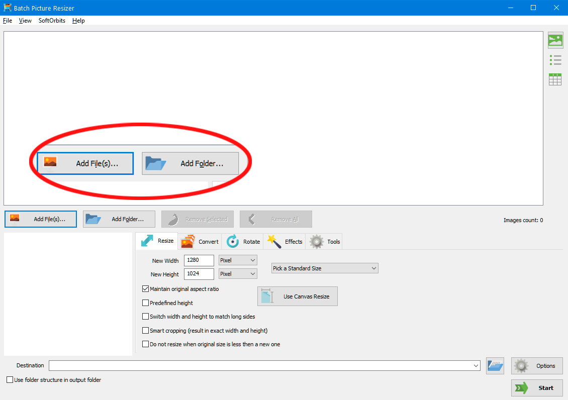 Tilføj filer for at ændre størrelse på flere billeder i Windows 11.