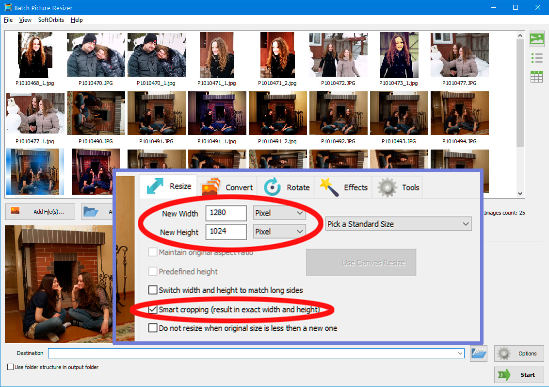 Vælg smart størrelsesændring af flere billeder.