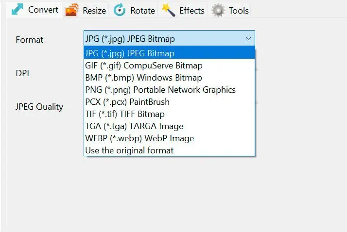 Vælg JPG som output.