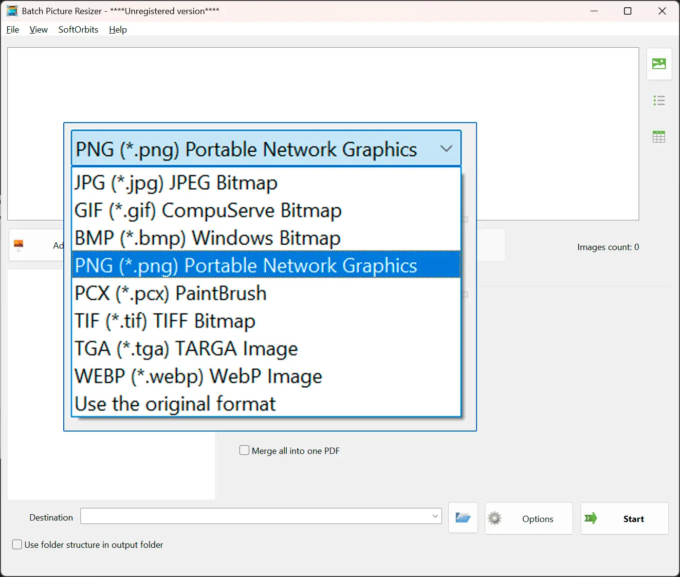Vælg PNG som output.