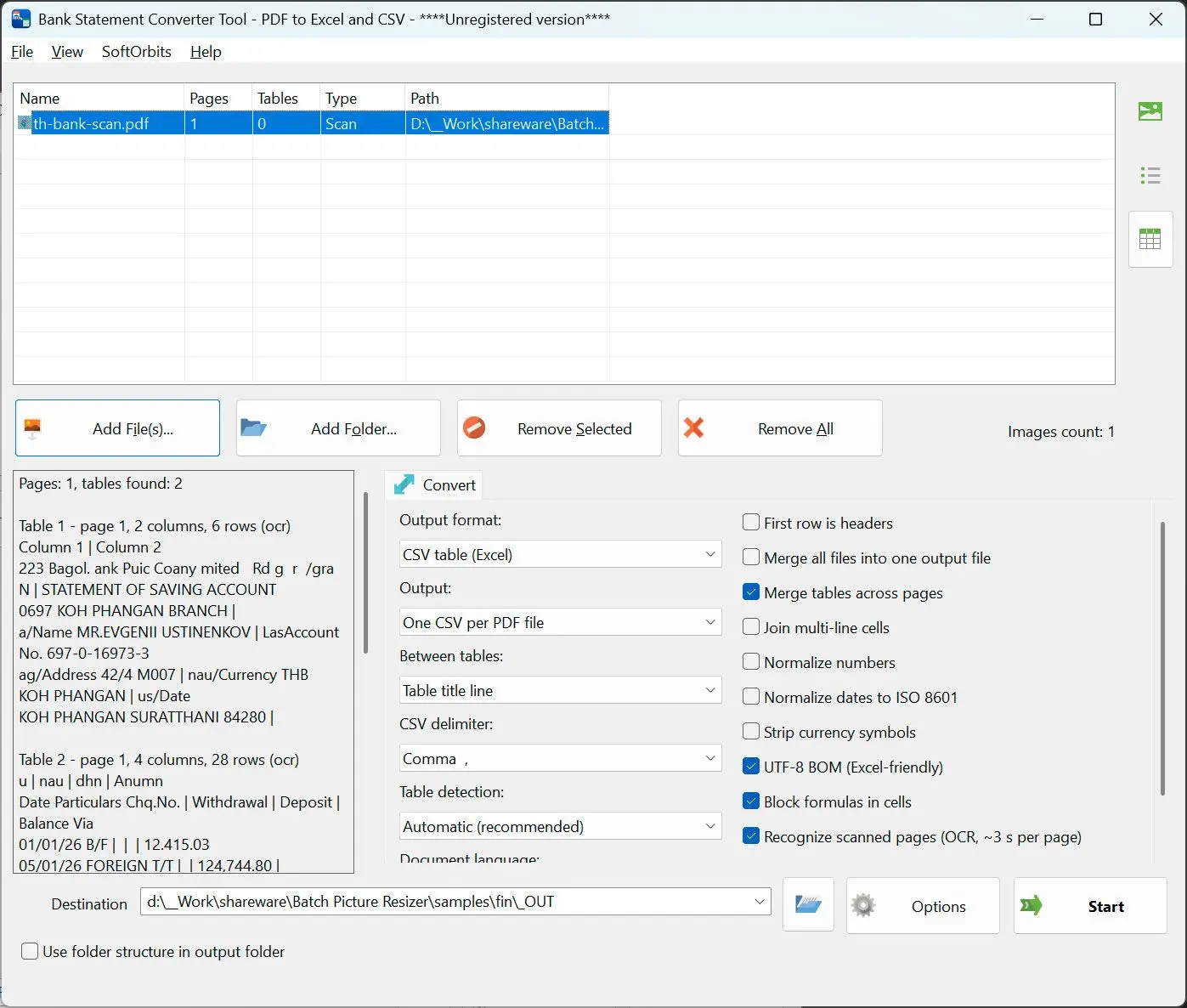 PDF to CSV Converter Skærmbillede.