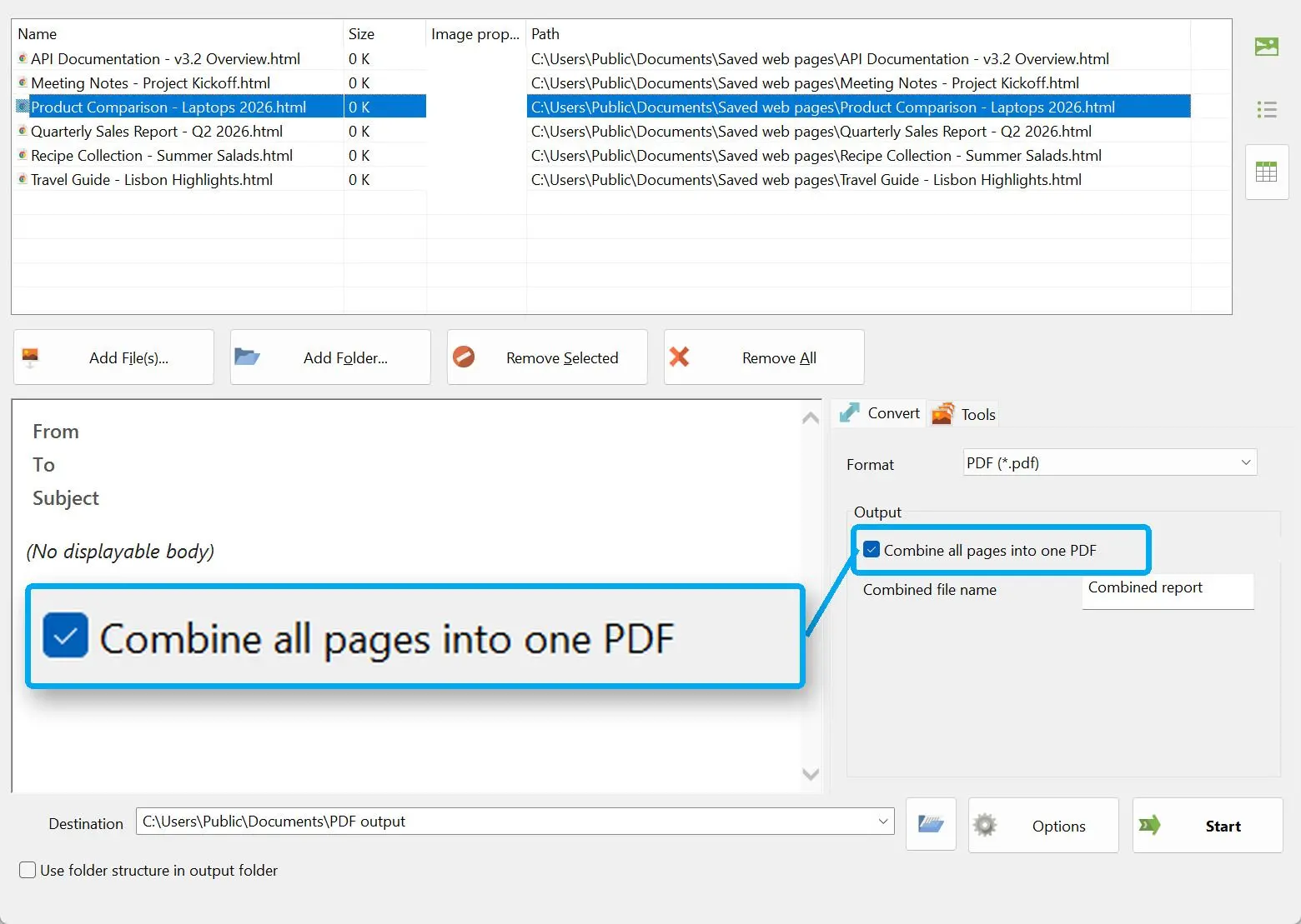 Marker "Combine all pages into one PDF".