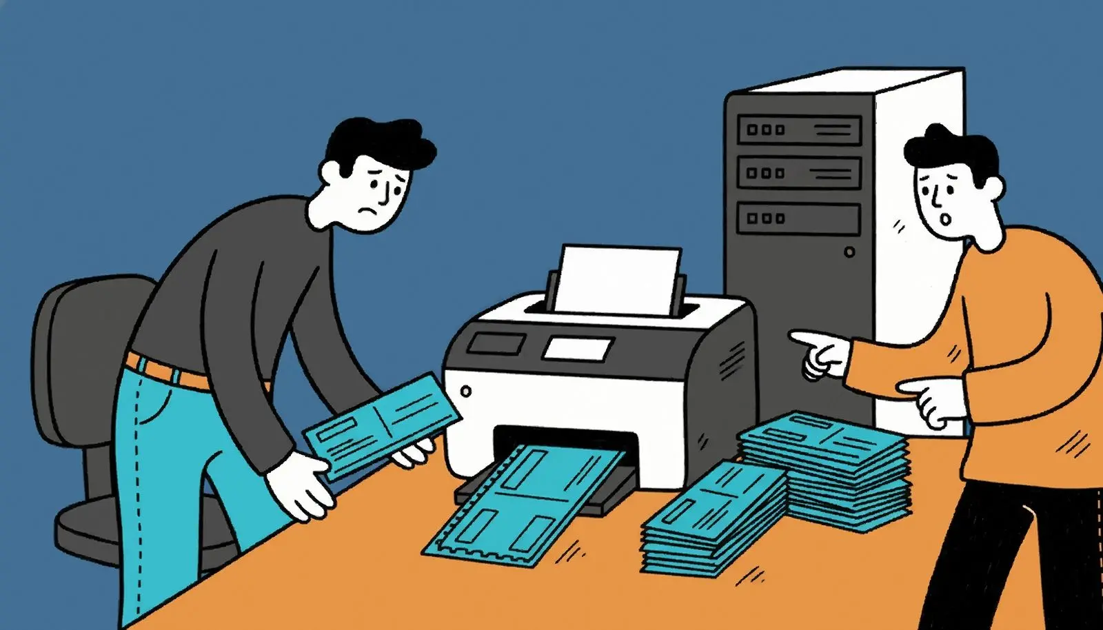 En lille stak printede voucher checks ved siden af en laserprinter.