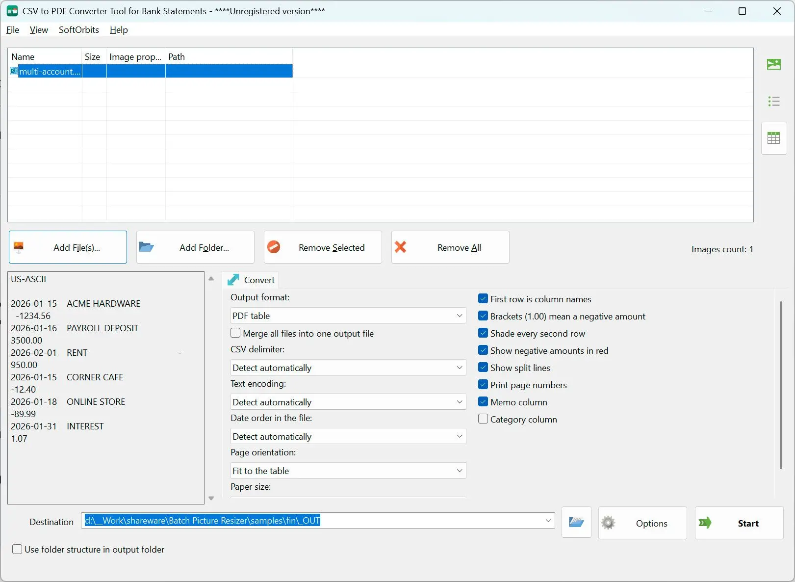 CSV to PDF Converter Skærmbillede.