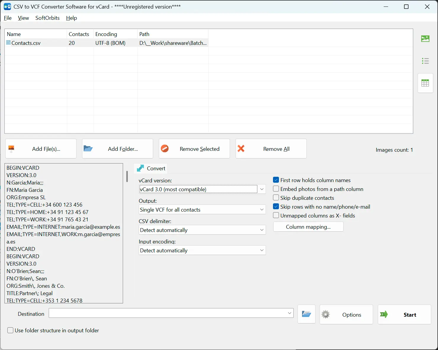 CSV to VCF Converter Software for vCard Skærmbillede.