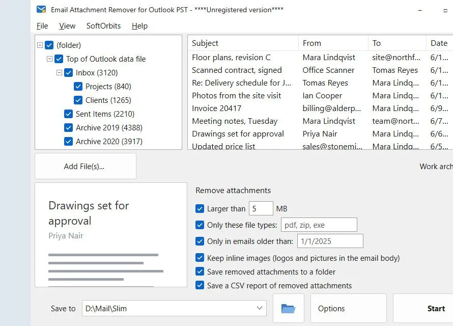Email Attachment Remover for Outlook PST Skærmbillede.