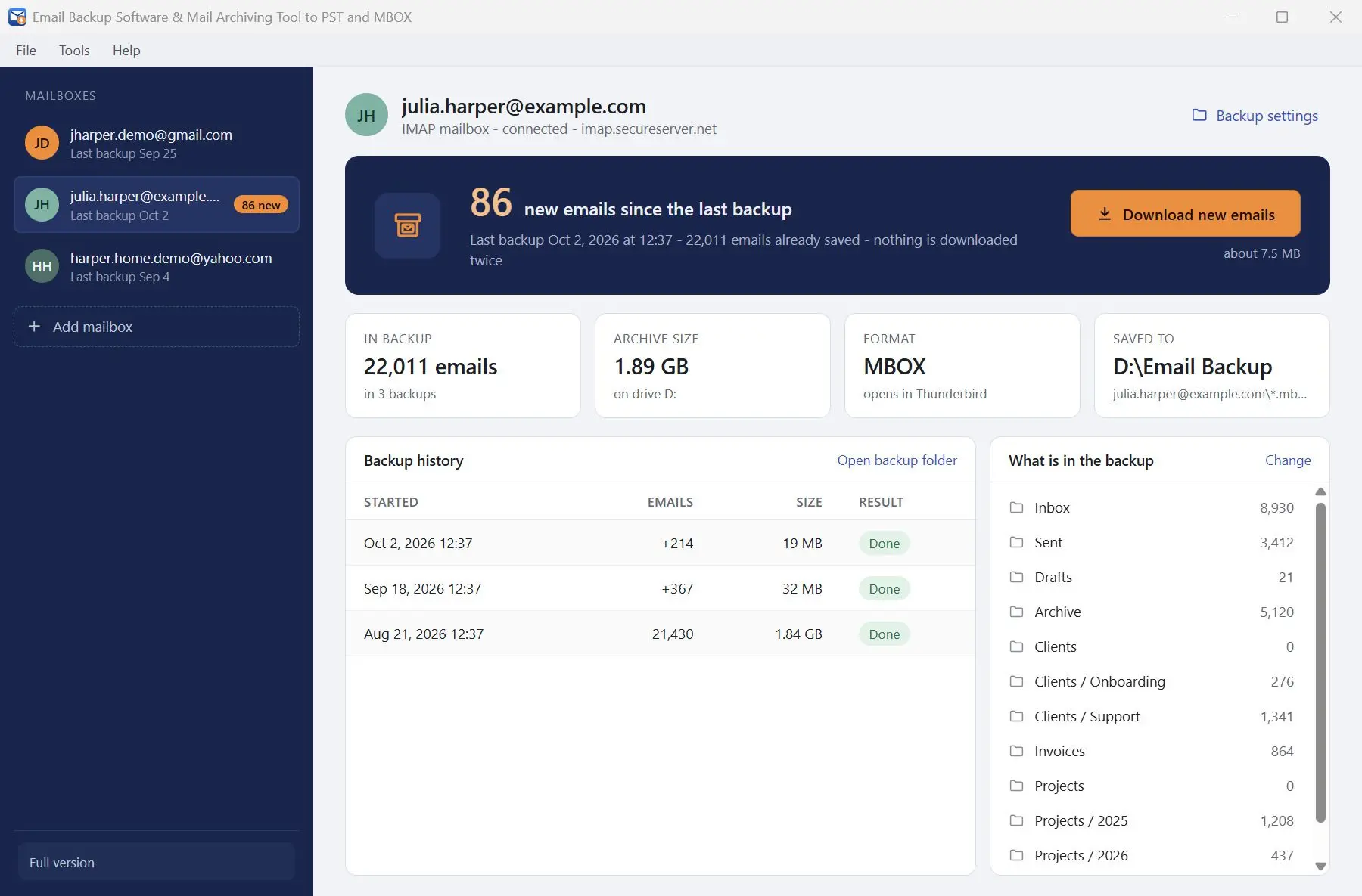 Email Backup Software & Mail Archiving Tool to PST and MBOX Skærmbillede.