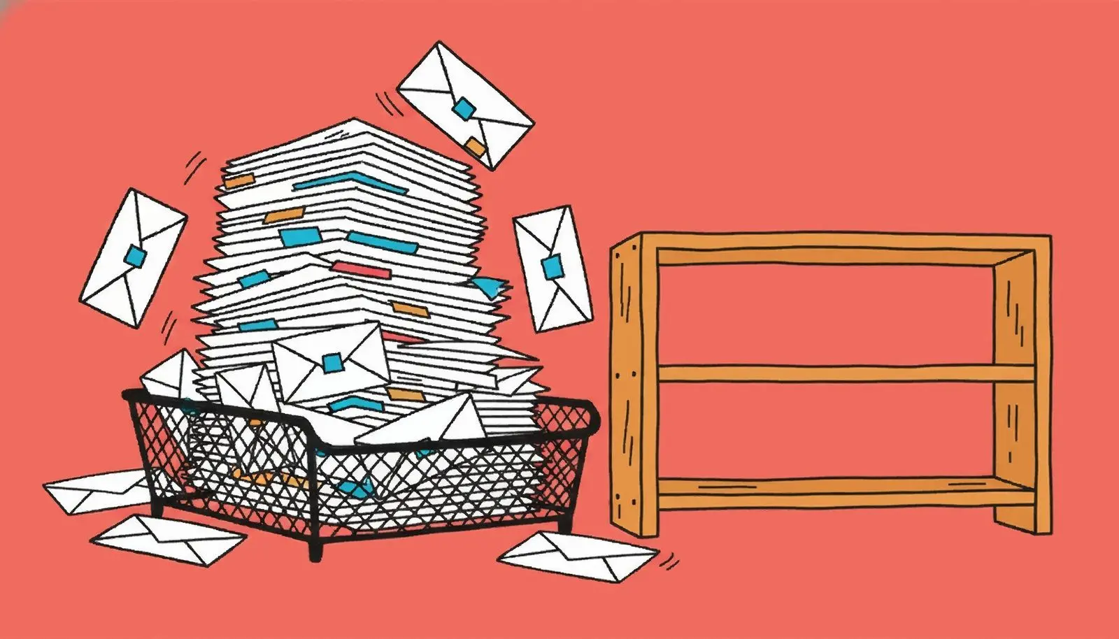 En overfyldt e-mailbakke ved siden af en tom hylde.