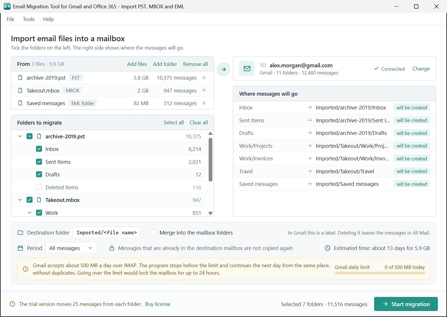Email Migration Tool for Gmail and Office 365 - Import PST, MBOX and EML Skærmbillede.