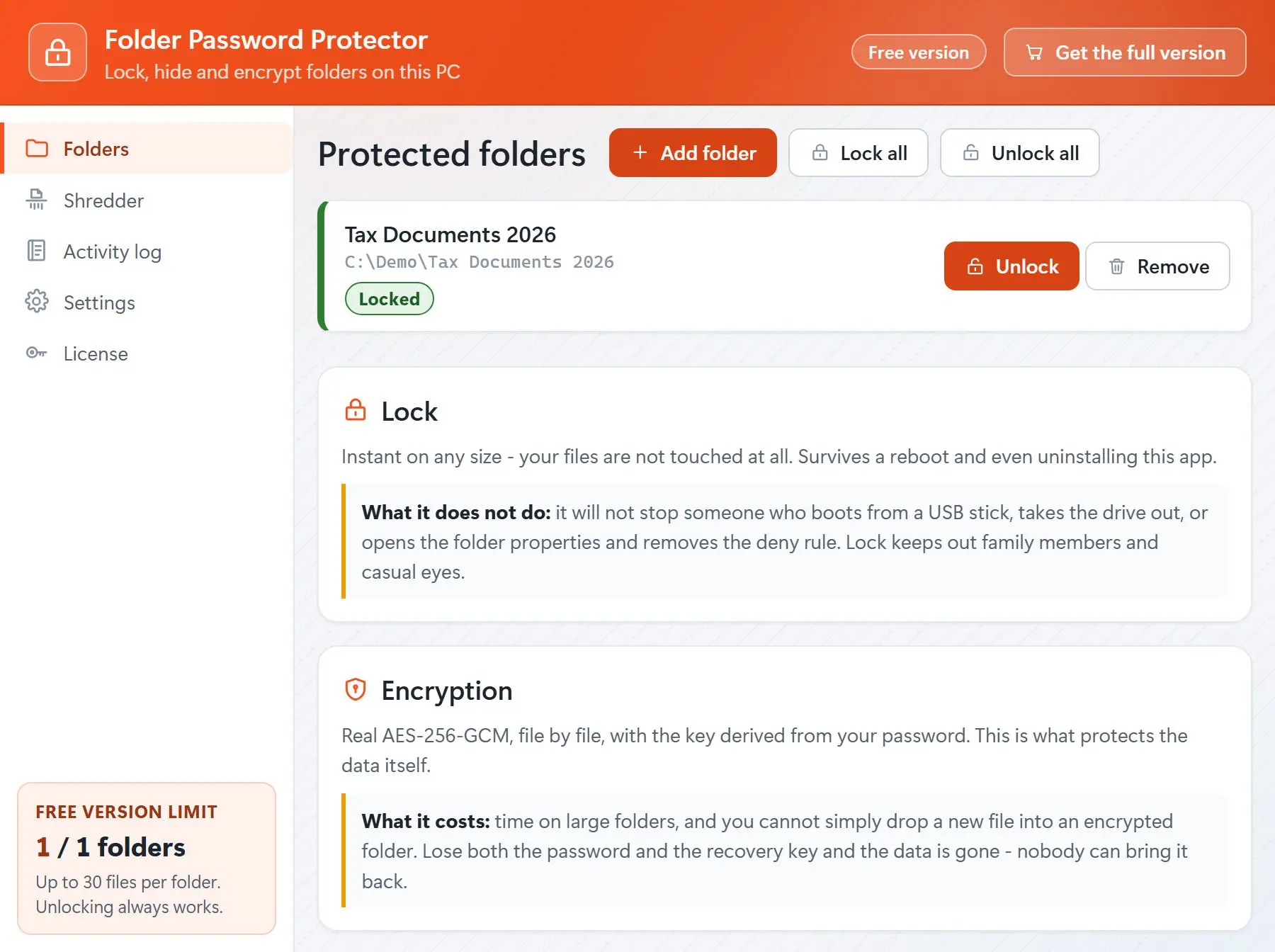 Folder Password Protector Skærmbillede.