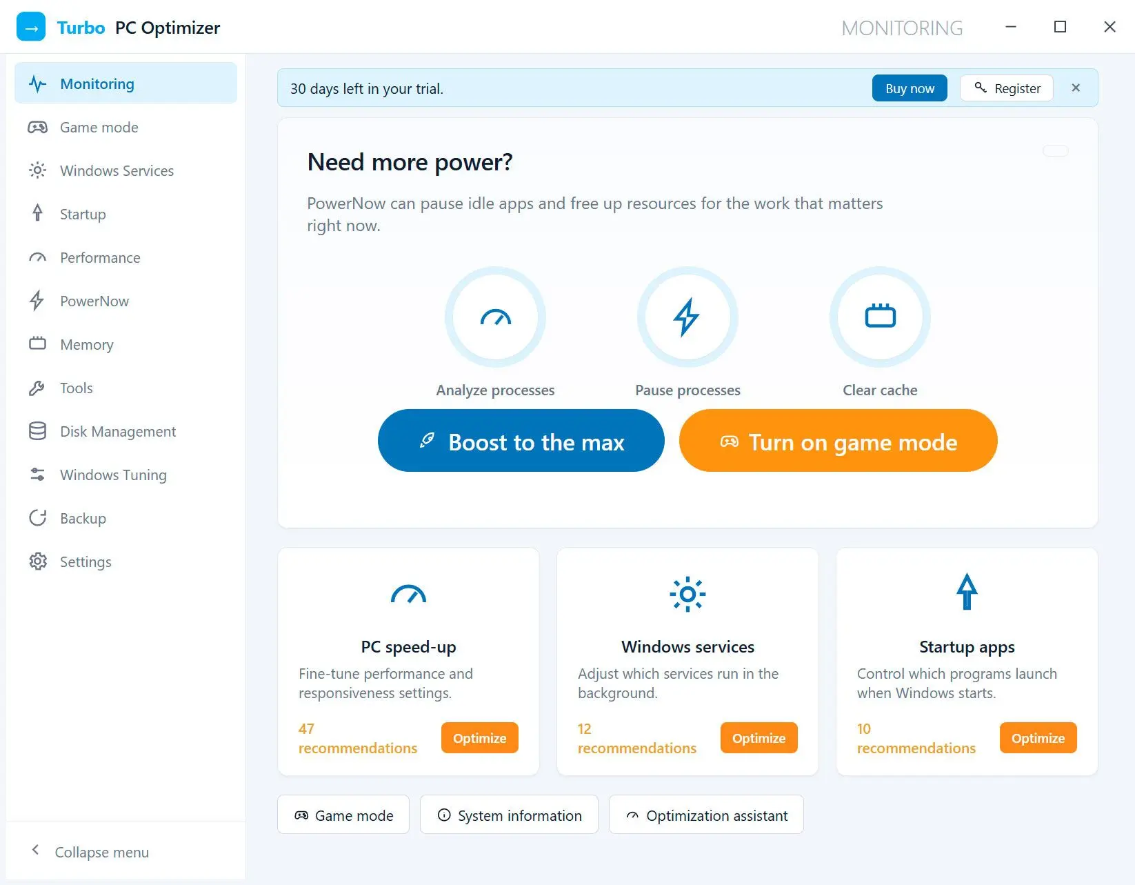 Turbo PC Optimizer Skærmbillede.