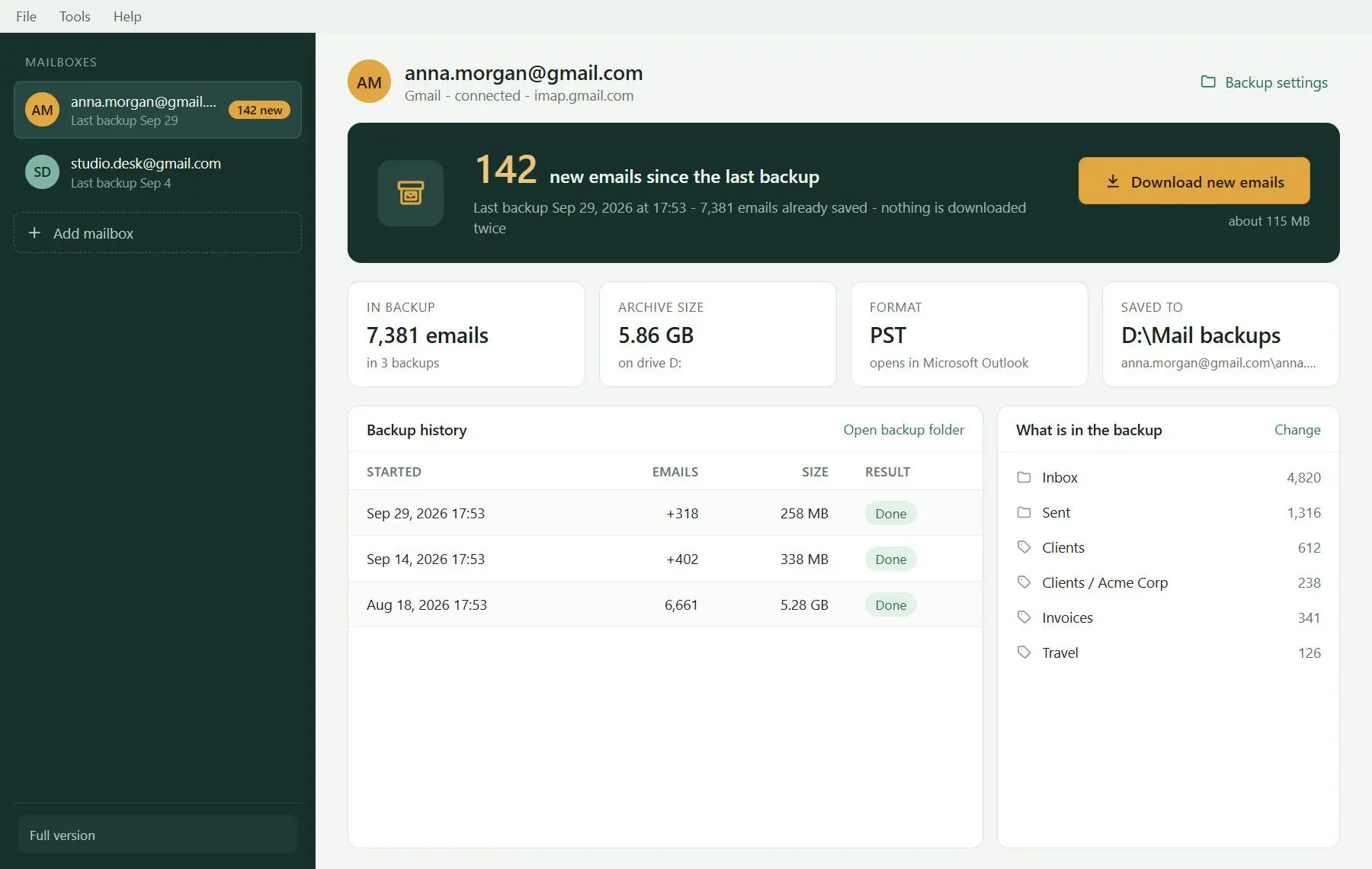 Gmail Backup & Export Software to PST and MBOX Skærmbillede.