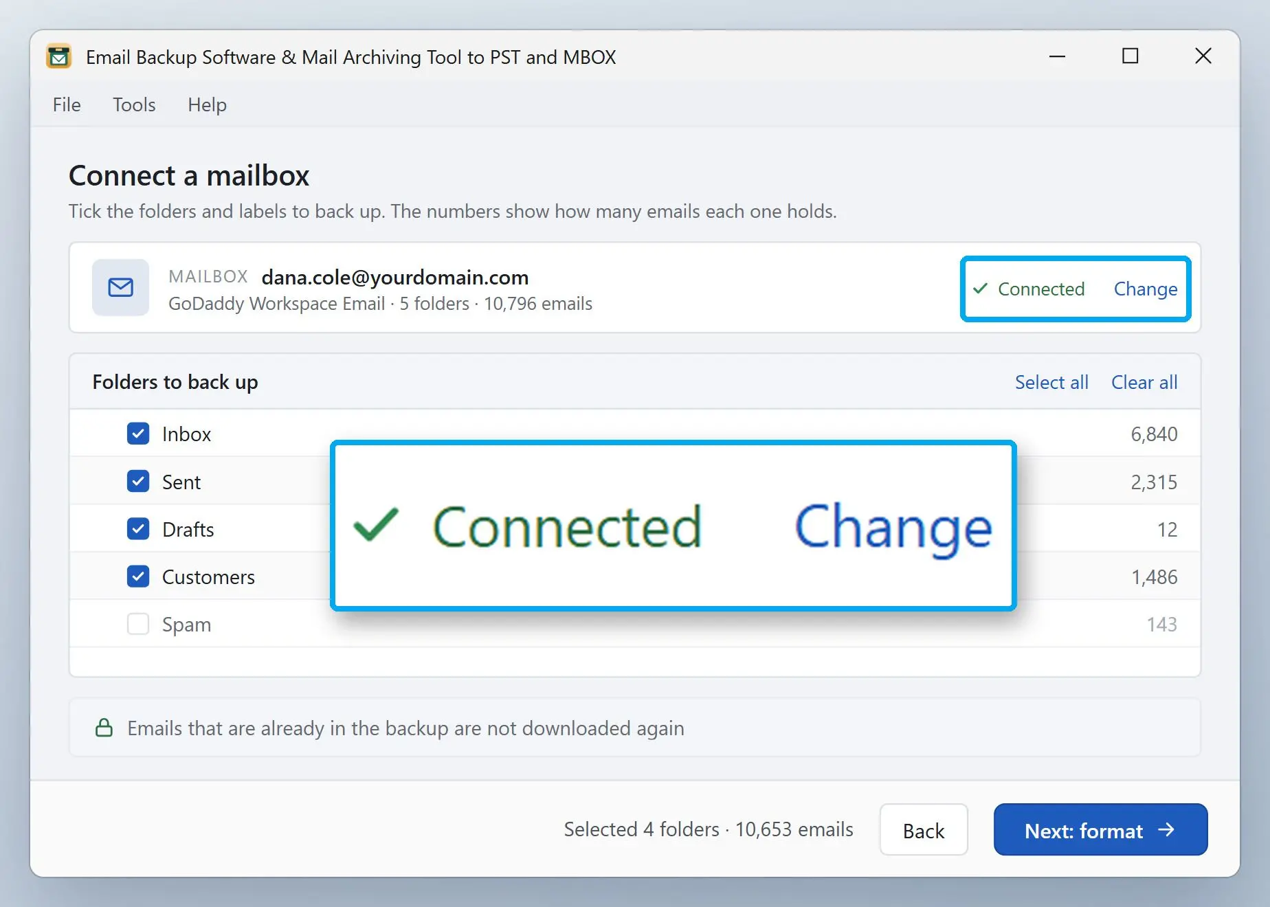 Email Backup Software & Mail Archiving Tool to PST and MBOX Skærmbillede.