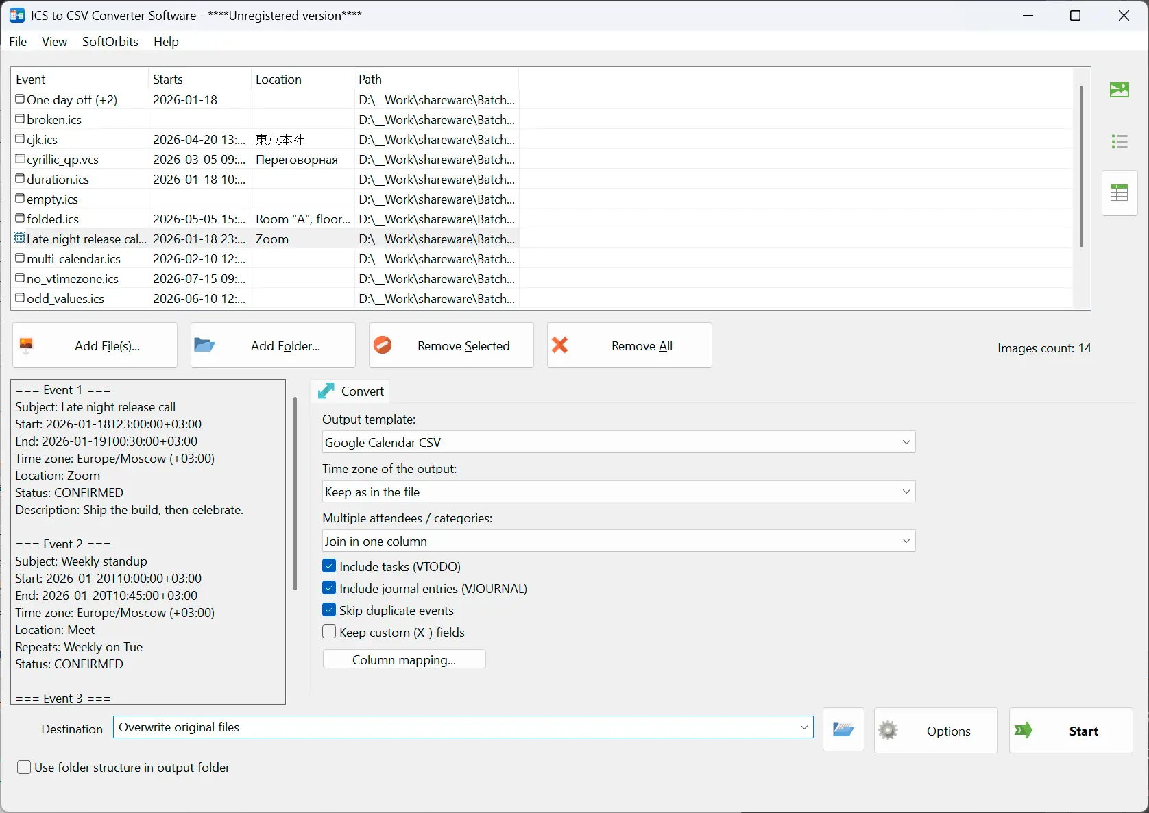 ICS to CSV Converter Skærmbillede.