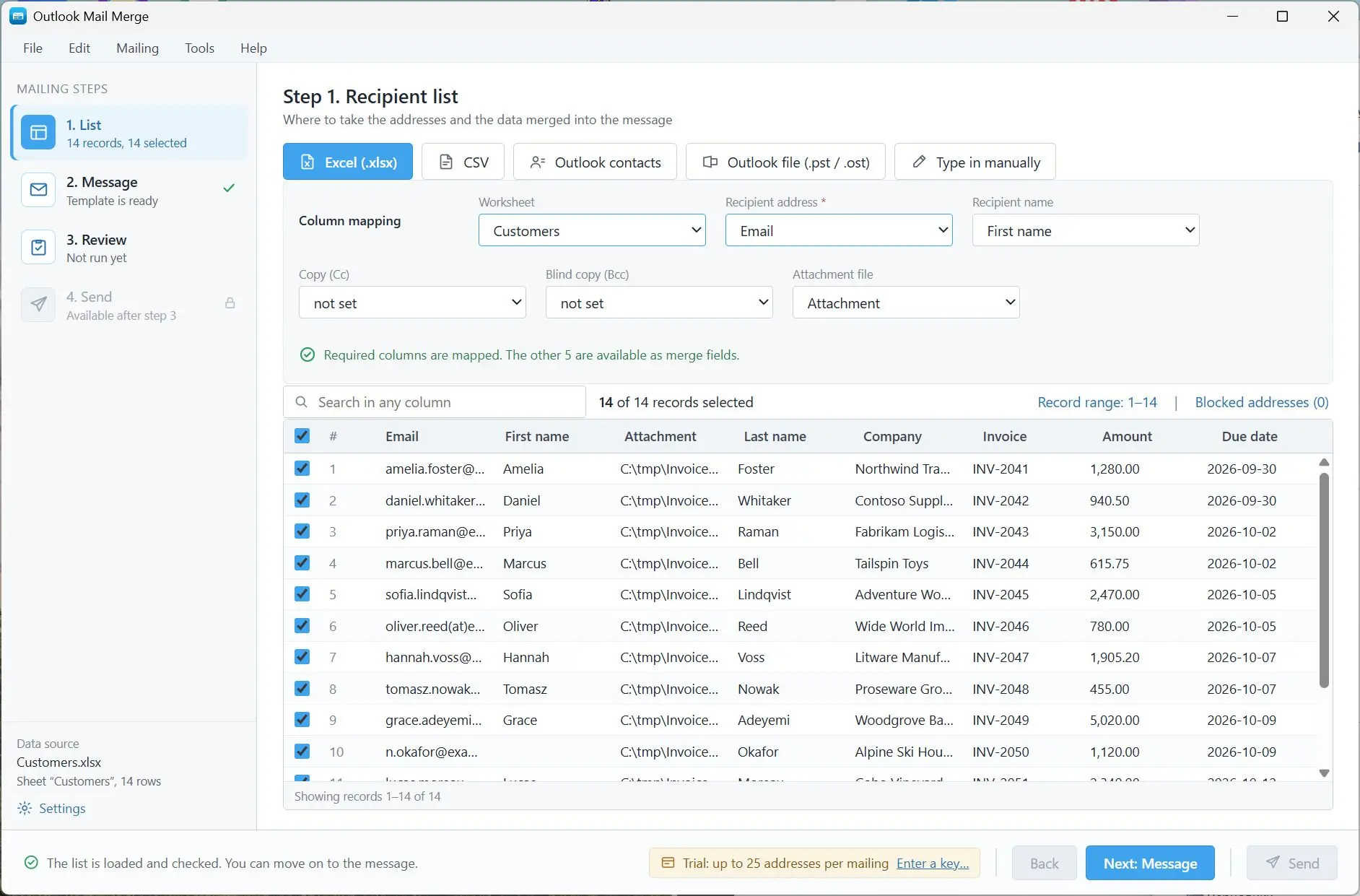 Mail Merge for Outlook and Excel with Attachments Skærmbillede.