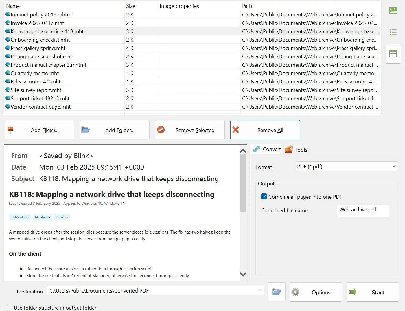 MHTML to PDF Converter Skærmbillede.