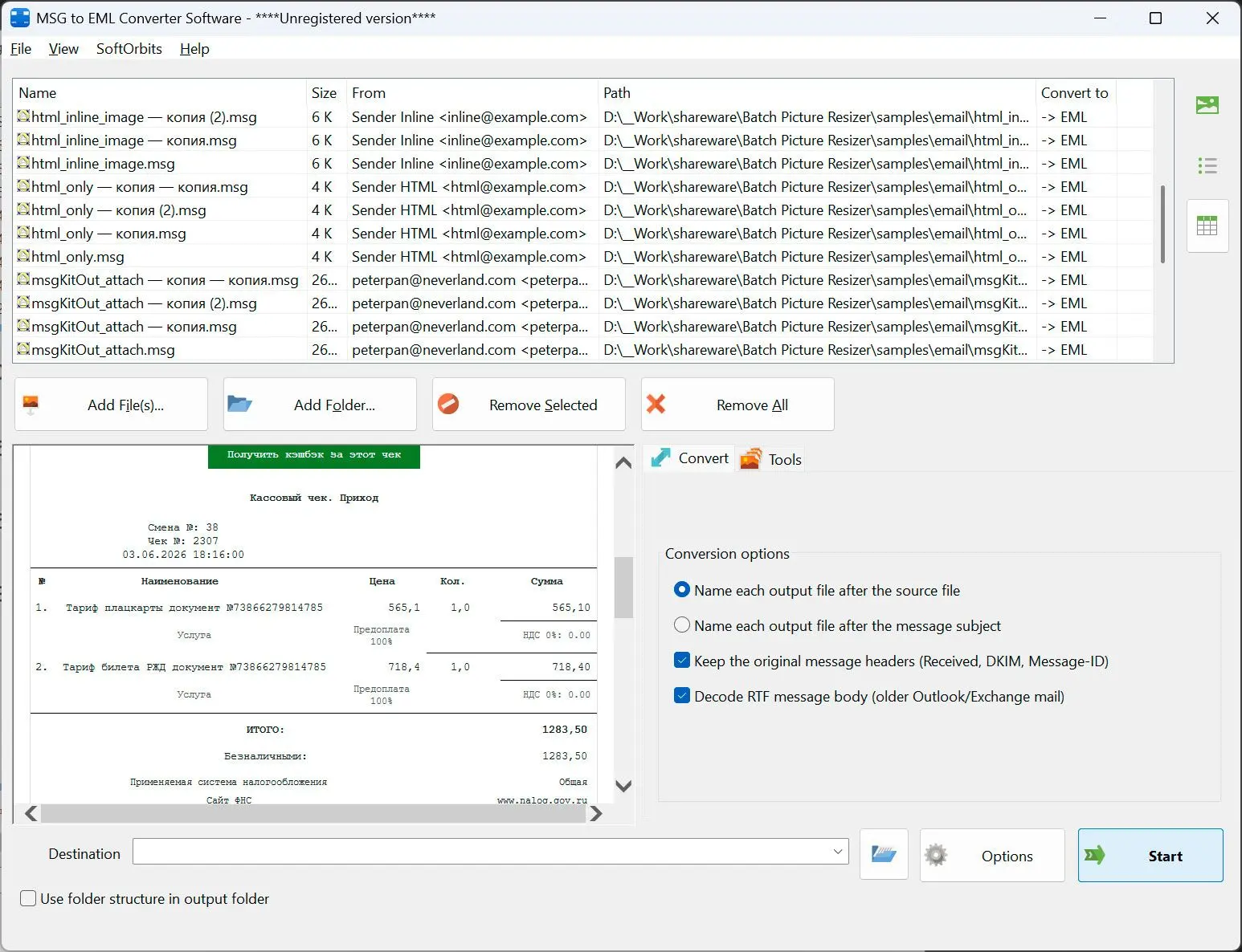 MSG to EML Converter Software Skærmbillede.
