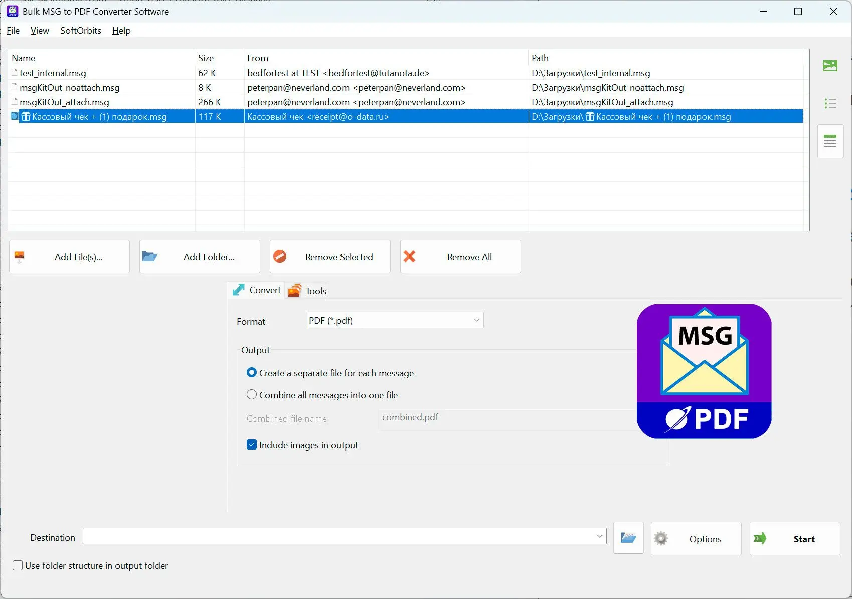 MSG to PDF Converter Software Skærmbillede.