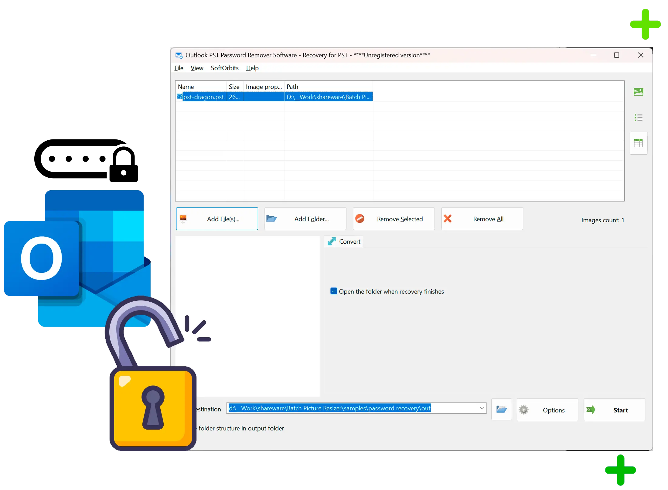 Outlook PST Password Recovery Skærmbillede.
