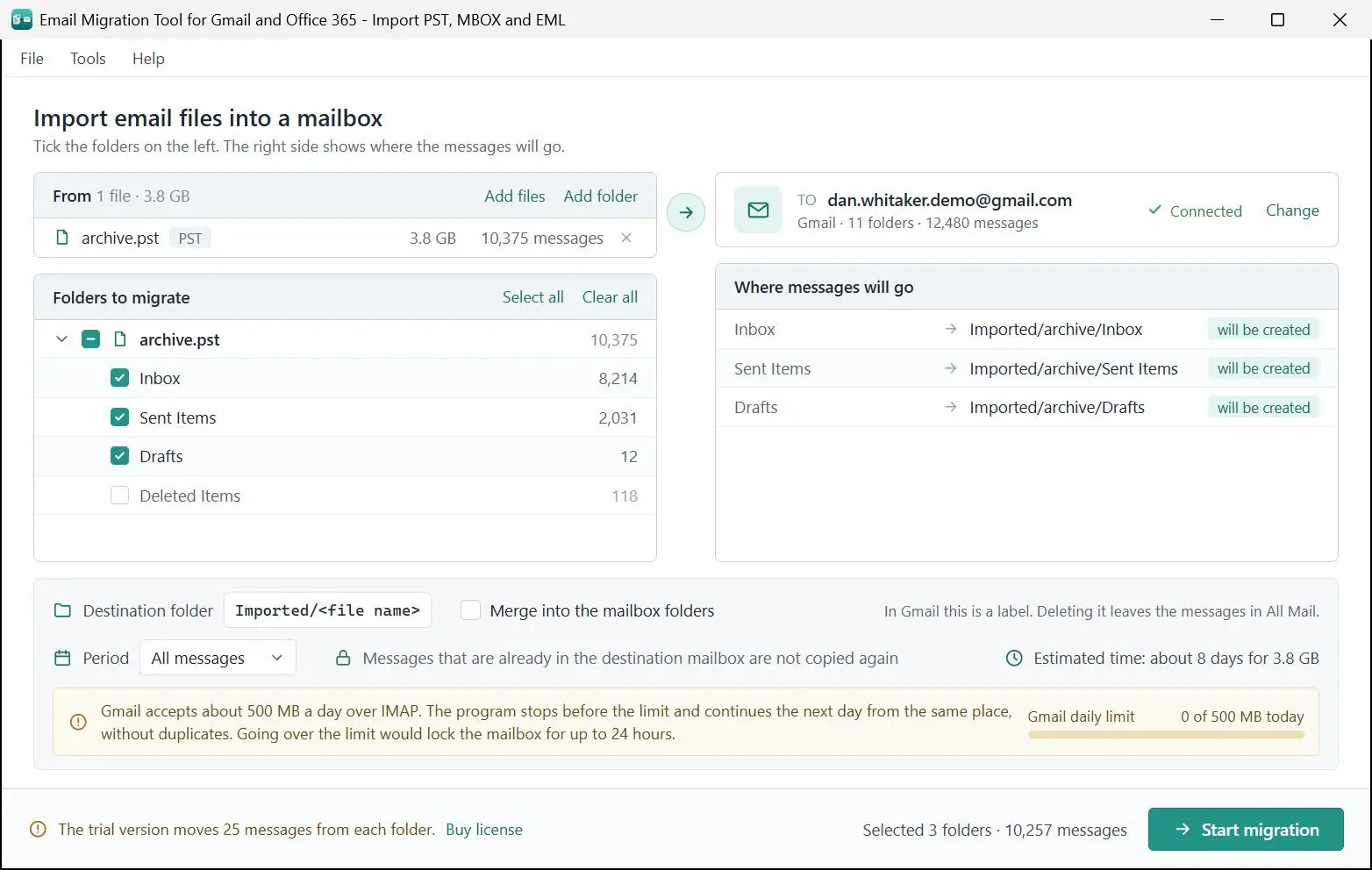 Email Migration Tool for Gmail and Office 365 - Import PST, MBOX and EML Skærmbillede.