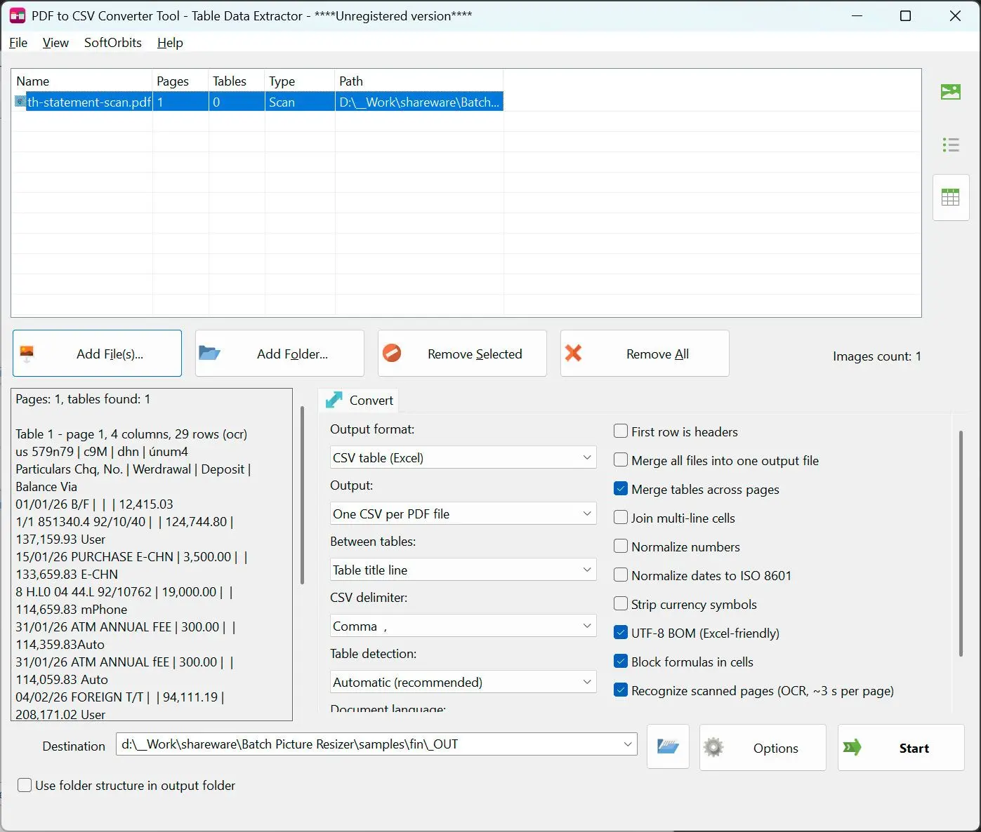 PDF to CSV Converter Skærmbillede.
