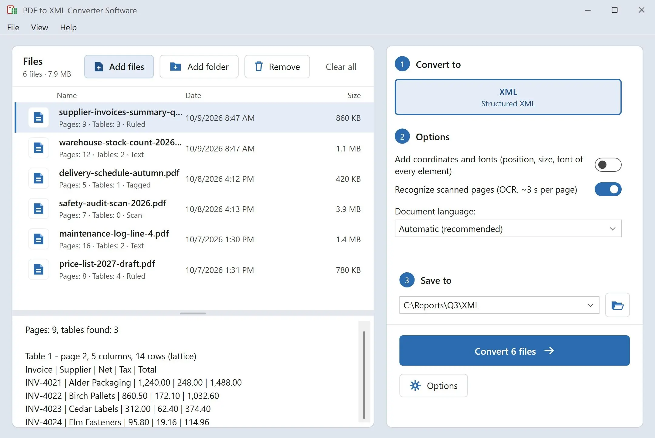 PDF to XML Converter Software Skærmbillede.