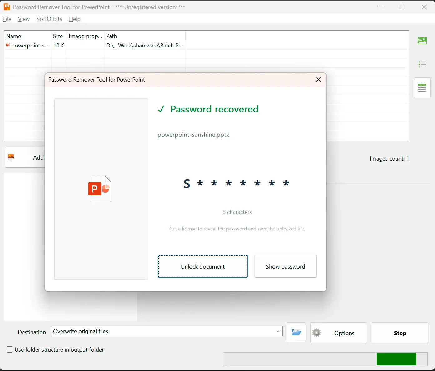 Password Remover Tool for PowerPoint Skærmbillede.
