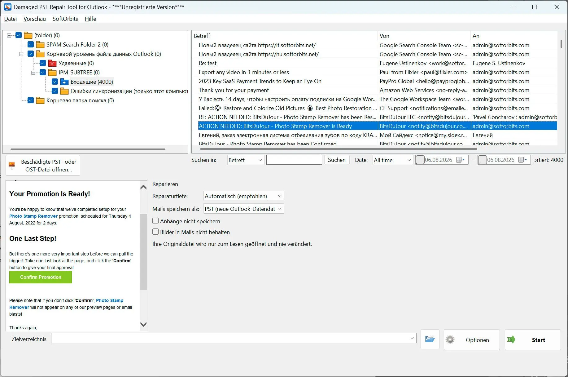 PST Repair Tool for Outlook Skærmbillede.