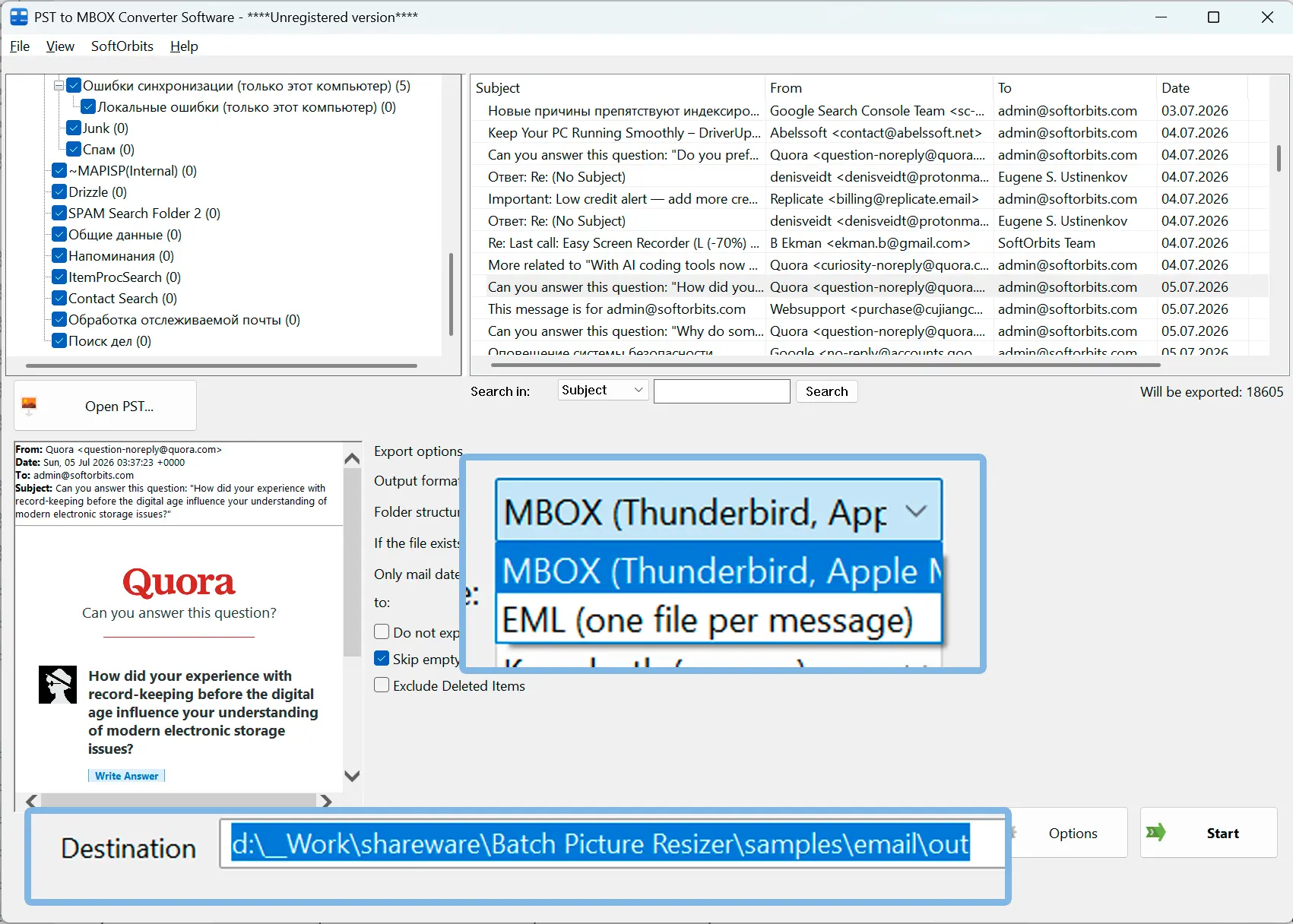 Vælg MBOX og outputmappen.
