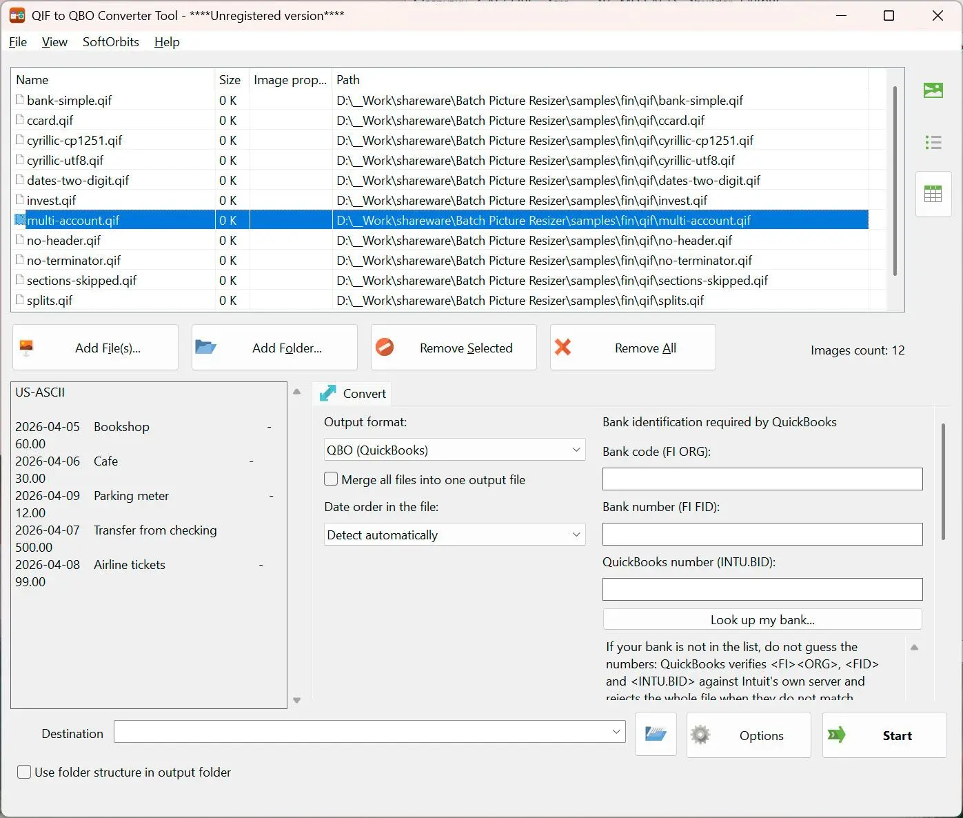 QIF to QBO Converter Skærmbillede.