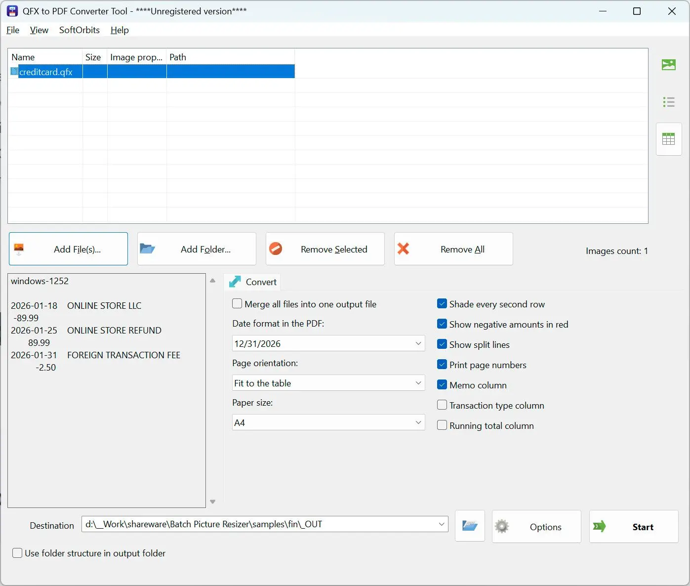 QFX to PDF Converter Skærmbillede.