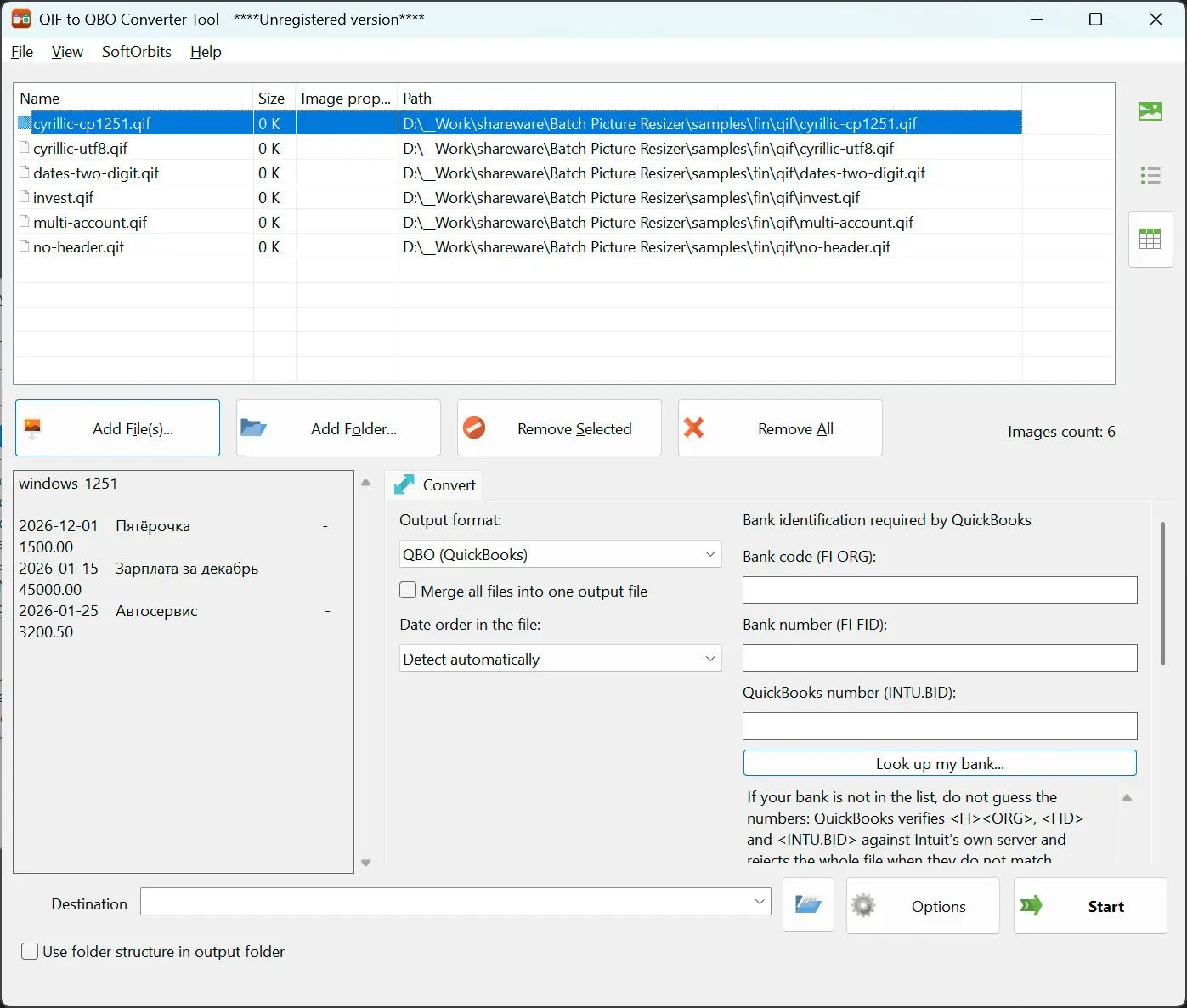 QIF to QBO Converter Skærmbillede.