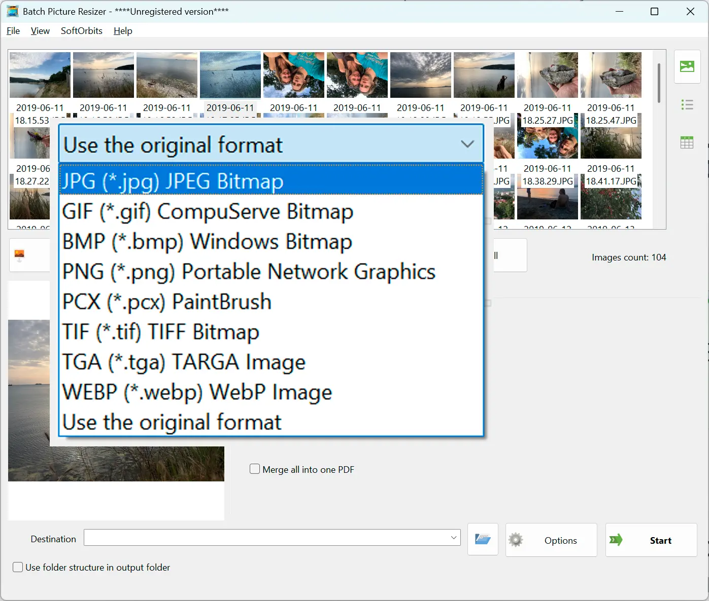 Vælg JPG som output.