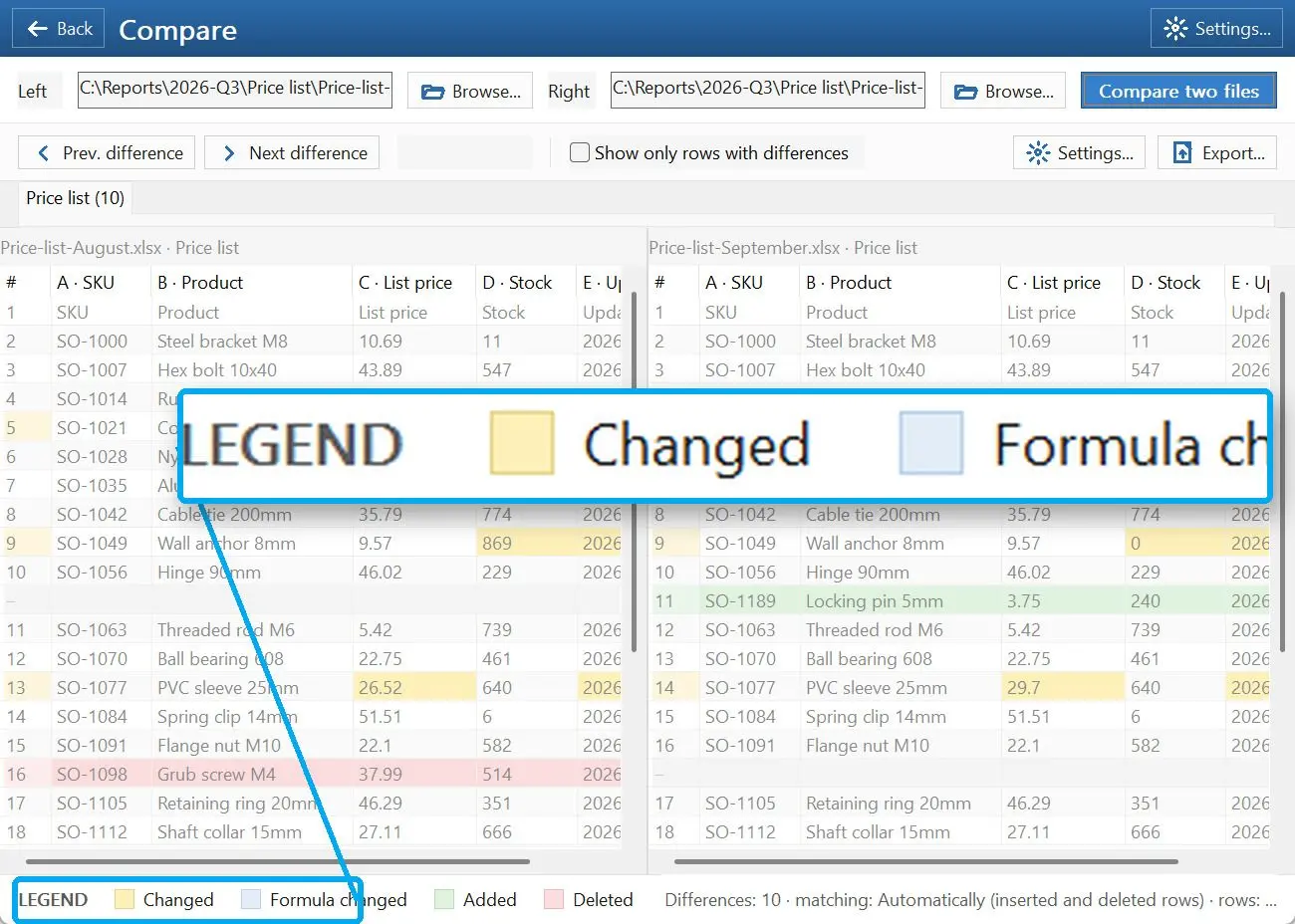 Sammenlign to Excel-regneark.