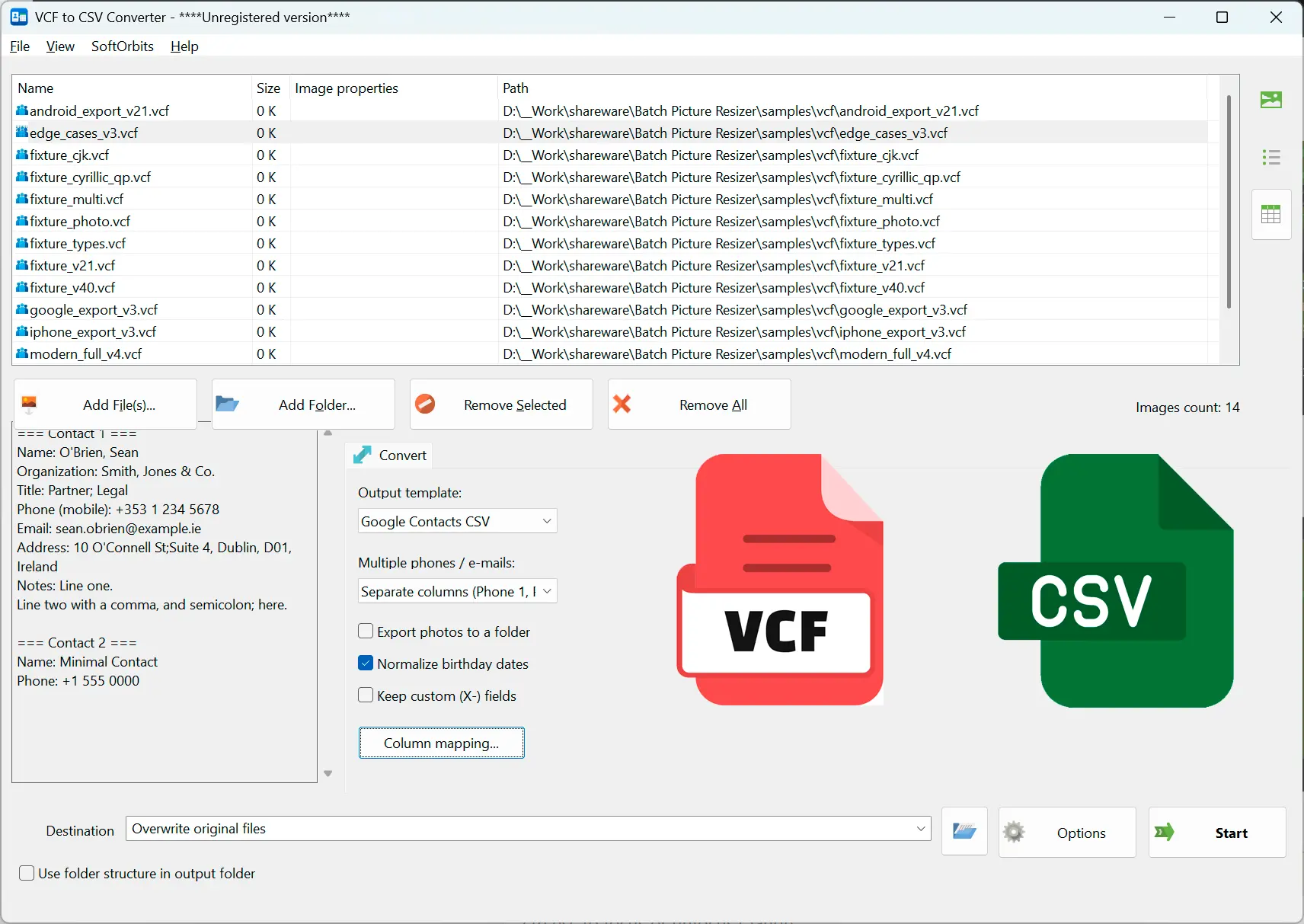 VCF to CSV Converter Software Skærmbillede.