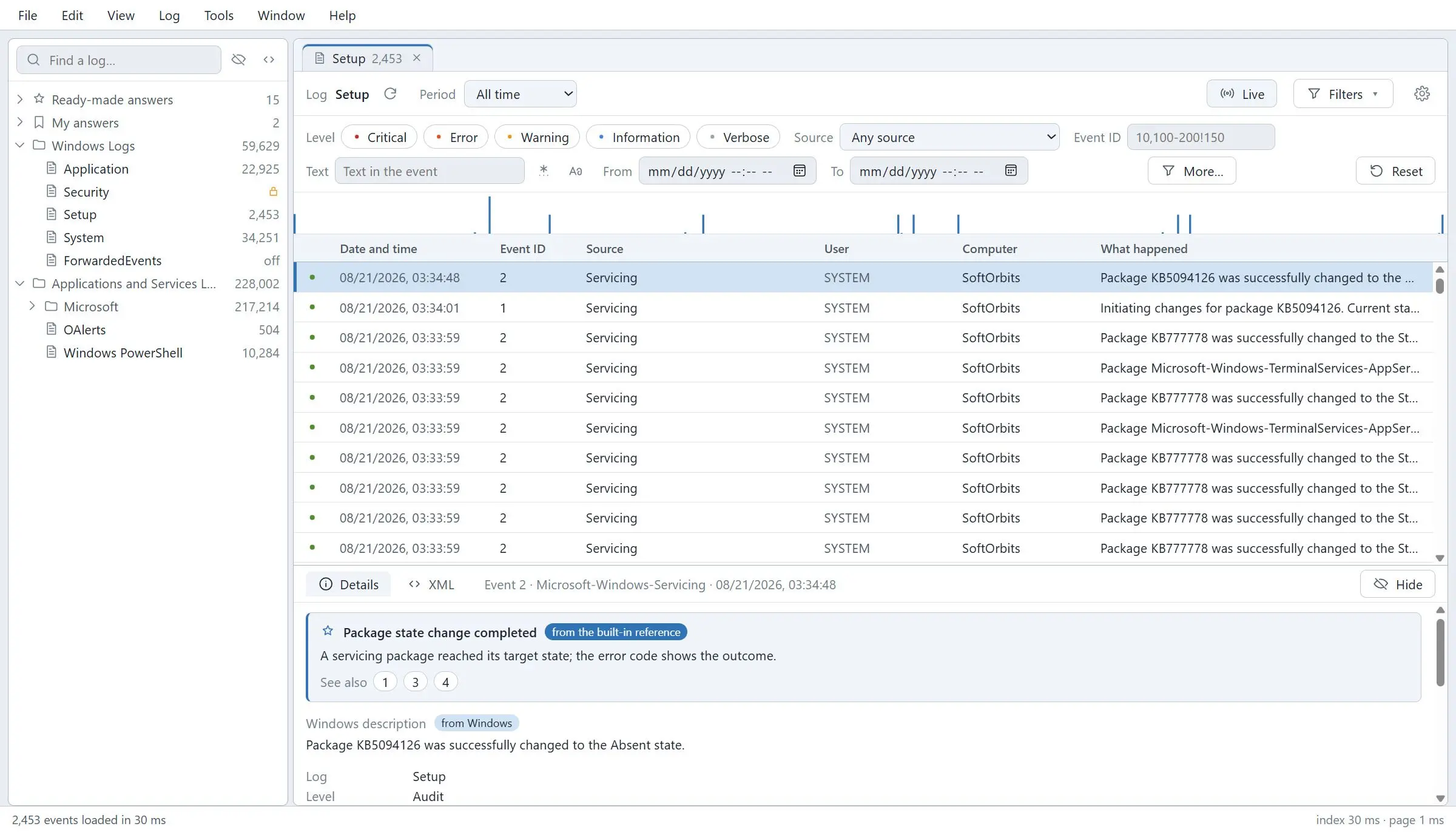 Windows Event Log Viewer Skærmbillede.