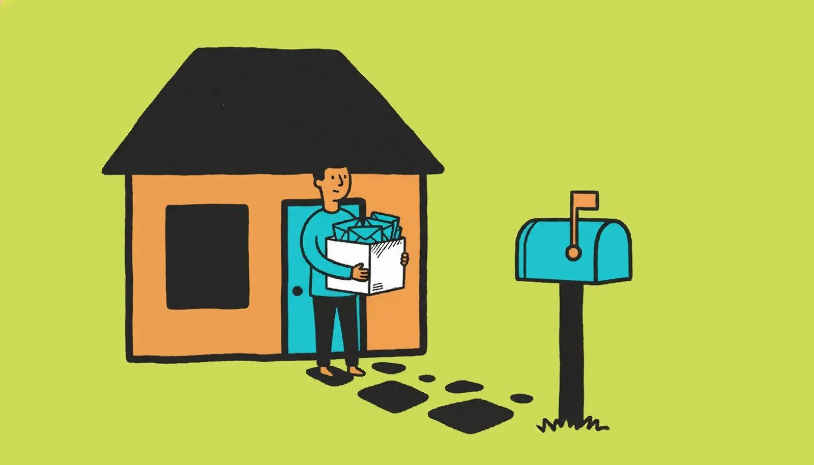 En person, der forlader et hus med en kasse breve under armen.