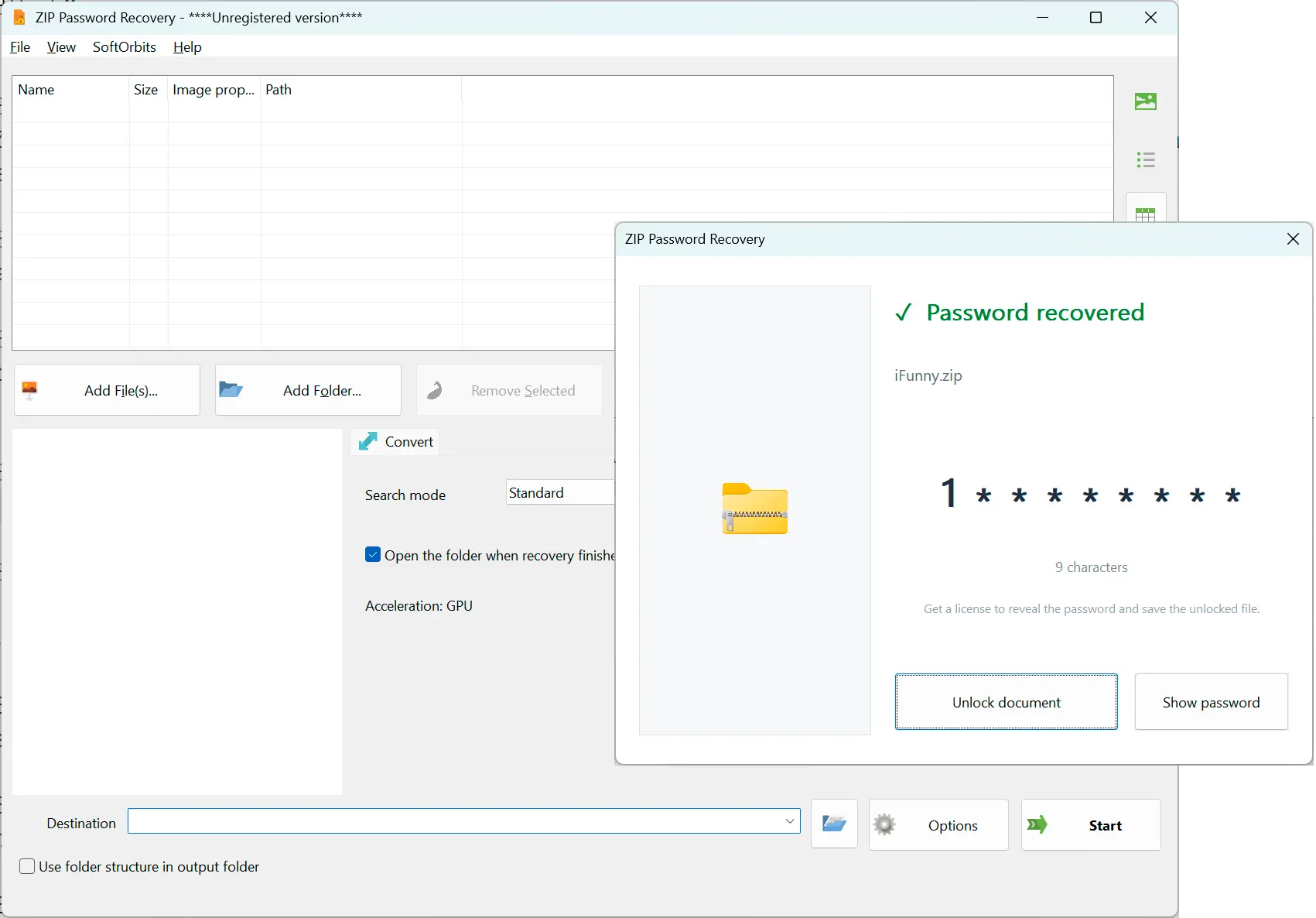 ZIP Password Recovery Skærmbillede.